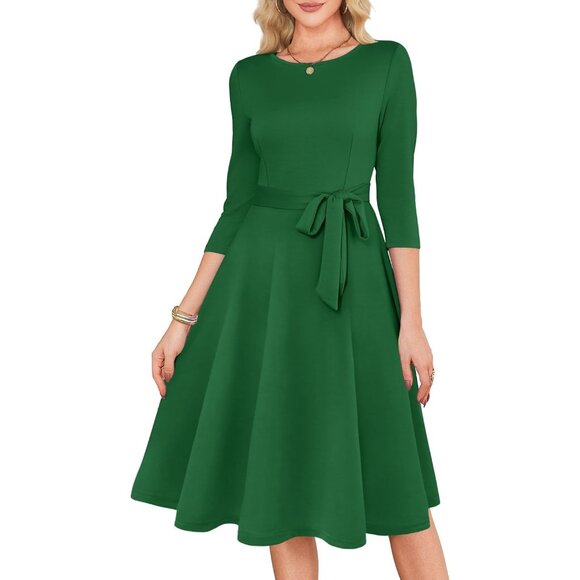 Women's Green 3/4 Sleeve Vintage Flattering A-line Vintage Cocktail Dresses - Picture 4 of 5